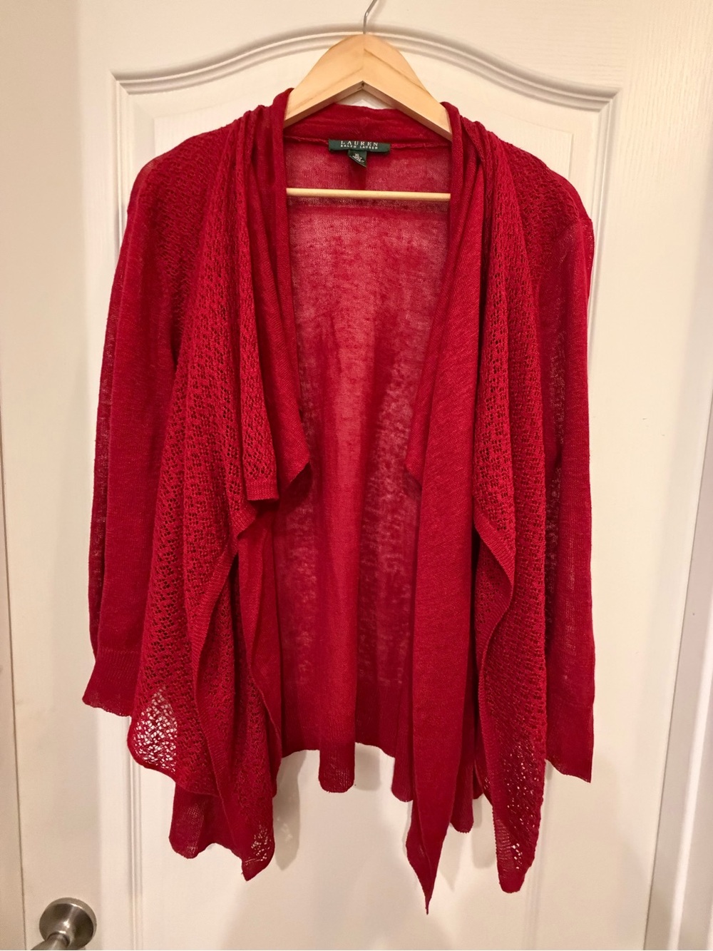 Lauren Ralph Lauren Red Open Knit Waterfall Cardigan Sweater Plus 2X